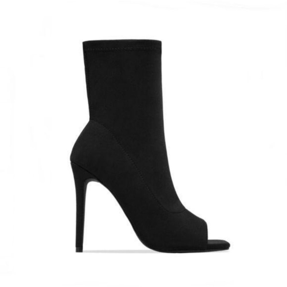 Black Lycra Squared Open Toe Ankle Booties - Picture 2 of 9